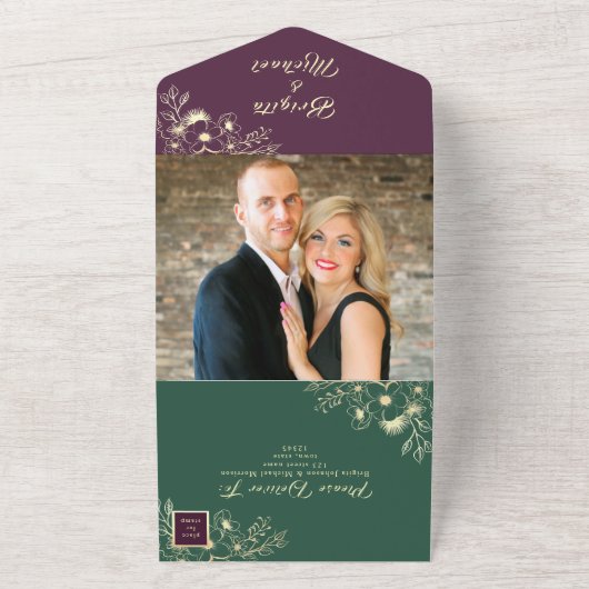 金ゴールドエメラルドグリーンと紫結婚の写真 オールインワン招待状 (外側)