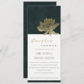 金ゴールドエメラルドグリーンロータスフローラカップルシャワー 招待状 (正面/裏面)