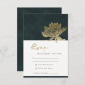 金ゴールドエメラルドグリーンロータスフローラ結婚式RSVP エンクロージャーカード (正面/裏面)