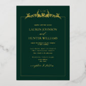 金ゴールドエメラルドグリーン縁どフローラモノグラム結婚ズ 箔招待状 (正面)