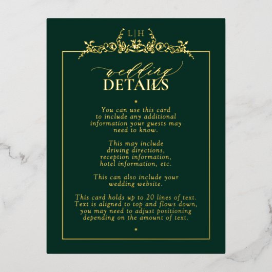 金ゴールドエメラルドグリーン縁どフローラモノグラム詳細 箔招待状ポストカード (正面)