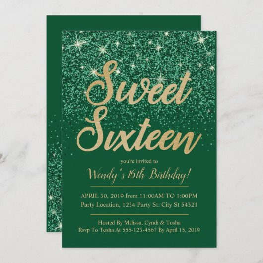 金ゴールドエメラルドスイート16誕生日招待状 招待状 (正面/裏面)