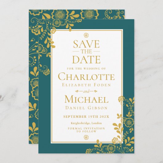 金ゴールドエメラルドビクトリアンフローラレース日付の保存 招待状 (正面/裏面)