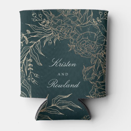 金ゴールドエメラルドフラワーリースエメラルドグリーン結婚ズ 缶クーラー (正面)