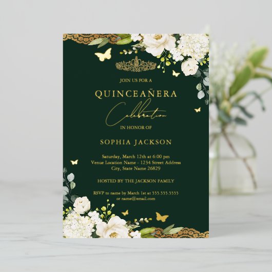 金ゴールドエメラルドフローラレースキンセアニェラ誕生日 箔招待状 (立ち正面)