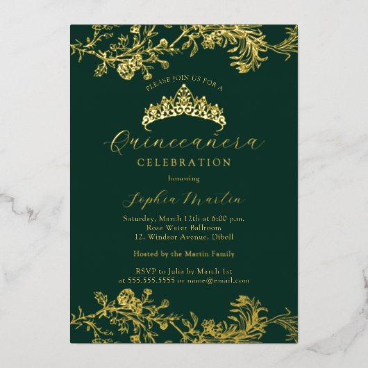 金ゴールドエメラルドヴィンテージエレガントキンセアニェラ 箔招待状 (正面)