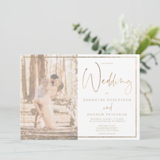 金ゴールドエレガンスフレーム書道結婚写真 招待状 (スタンド正面)