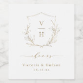 金ゴールドエレガンス植物冠モノグラム結婚ズ ワインラベル (シングルラベル)