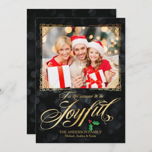 金ゴールドエレガントうれしそうな黒《写真》ぼけ味写真クリスマス シーズンカード (正面/裏面)