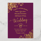 金ゴールドエレガントがマゼンタプラムの上でカール結婚する 箔招待状 (正面)