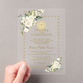 金ゴールドエレガントが白フローラ聖餐式に輝く アクリル招待状 (インサイチュ (ポータブル))