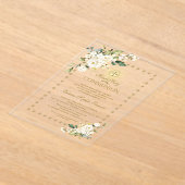 金ゴールドエレガントが白フローラ聖餐式に輝く アクリル招待状 (レイダウン)