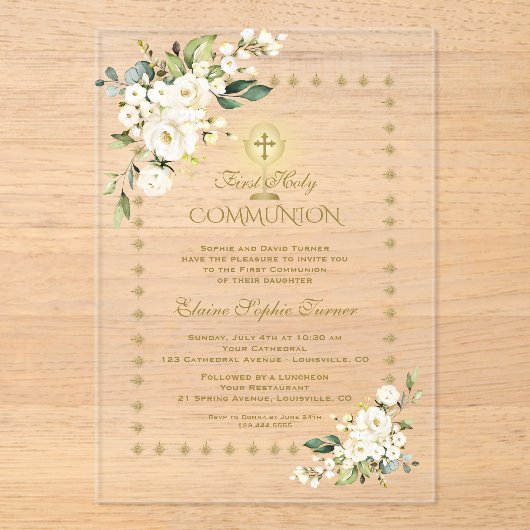 金ゴールドエレガントが白フローラ聖餐式に輝く アクリル招待状 (正面)