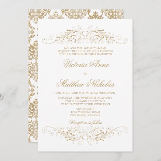 金ゴールドエレガントが繁栄しダマスク 招待状 (正面/裏面)