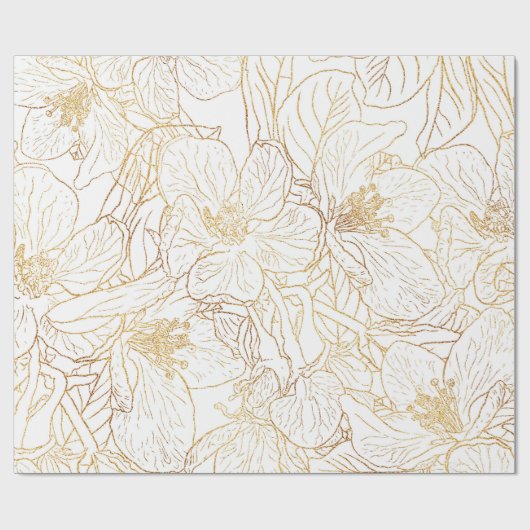 金ゴールドエレガントさくらんぼ花花ホワイトデザイン ラッピングペーパー (フラット)