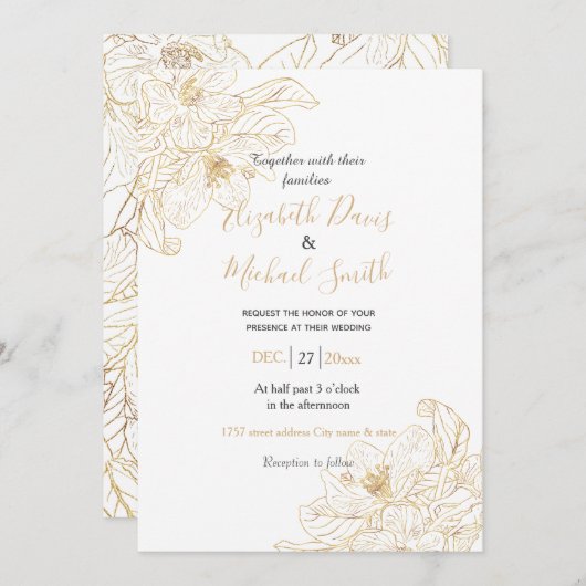 金ゴールドエレガントさくらんぼ花花ホワイトデザイン 招待状 (正面/裏面)