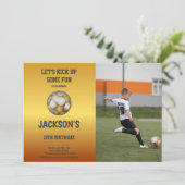 金ゴールドエレガントとオレンジサッカー誕生日招待状 招待状 (スタンド正面)