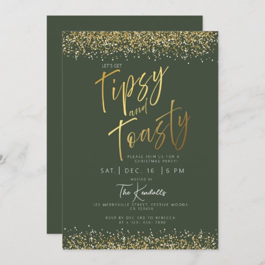 金ゴールドエレガントとグリーンクリスマスパーティの招待状 招待状 (正面/裏面)