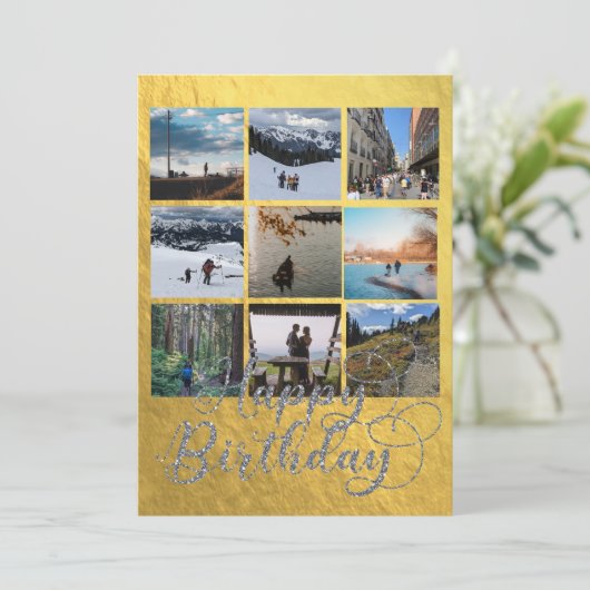 金ゴールドエレガントとシルバー9フォト誕生日カード (スタンド正面)