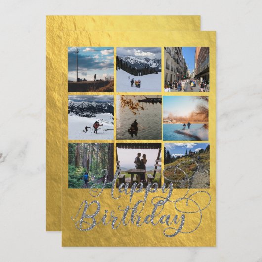 金ゴールドエレガントとシルバー9フォト誕生日カード (正面/裏面)