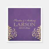 金ゴールドエレガントとパープルダマスクウェディングナプキン スタンダードカクテルナプキン (正面)