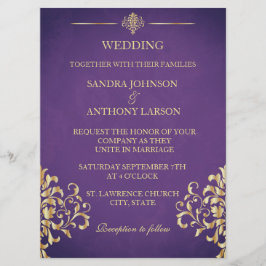 金ゴールドエレガントとパープルダマスクウェディング招待状 招待状