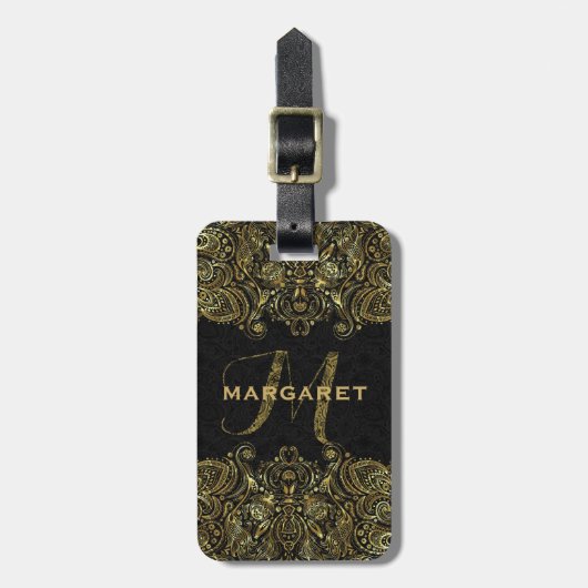 金ゴールドエレガントとブラックフローラペイズリーレース ラゲッジタグ (正面縦)