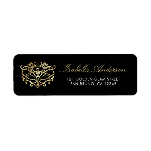 金ゴールドエレガントとブラックマスカレードサプライズパーティー ラベル (正面)