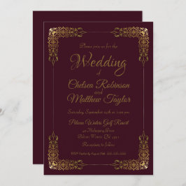 金ゴールドエレガントとブルゴーニュレース結婚式招待状 招待状