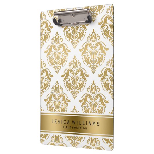 金ゴールドエレガントとホワイトダマスクの幾何学的パターン クリップボード (左)