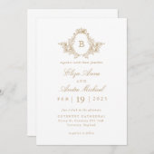 金ゴールドエレガントとホワイトモノグラム結婚クレスト 招待状 (正面/裏面)