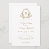 金ゴールドエレガントとホワイトモノグラム結婚クレスト 招待状 (正面/裏面)