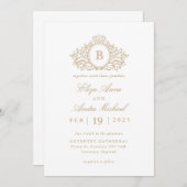 金ゴールドエレガントとホワイトモノグラム結婚クレスト 招待状 (正面/裏面)