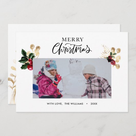 金ゴールドエレガントとレッドホリーベリーのスクリプスタイリッシュト シーズンカード (正面/裏面)