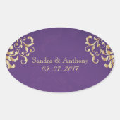金ゴールドエレガントと紫のダマスクの結婚式のシール 楕円形シール (正面)