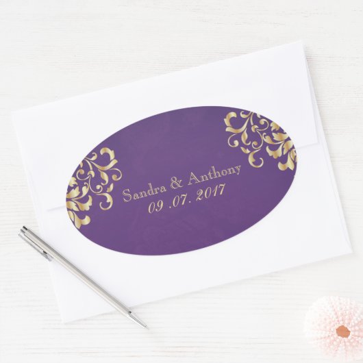 金ゴールドエレガントと紫のダマスクの結婚式のシール 楕円形シール (封筒)