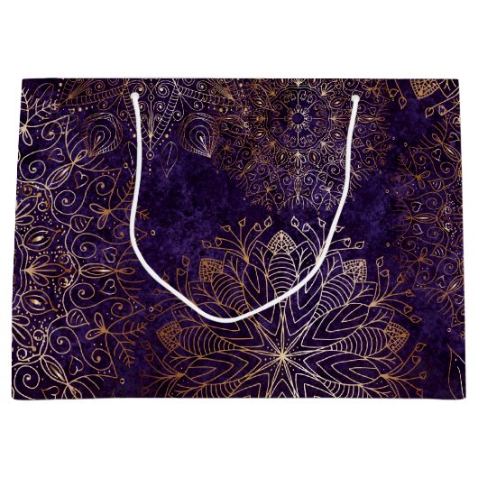 金ゴールドエレガントと紫のフローラ曼荼羅のパターン ラージペーパーバッグ (正面)