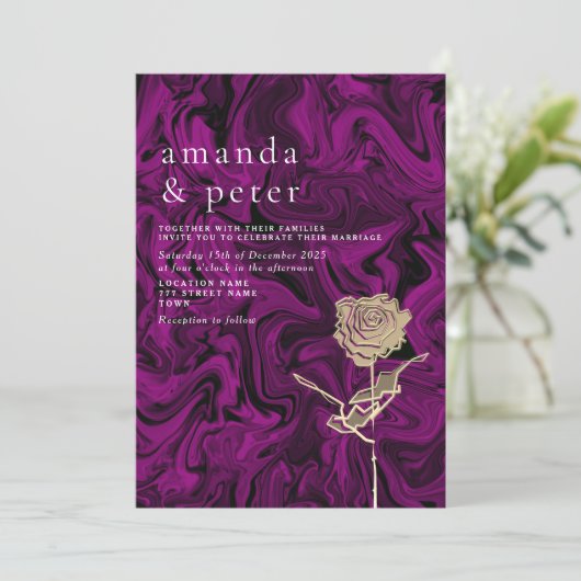 金ゴールドエレガントと紫の結婚式招待状 招待状 (スタンド正面)