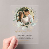 金ゴールドエレガントと緑のユーカリ写真結婚の アクリル招待状 (インサイチュ (ポータブル))