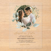 金ゴールドエレガントと緑のユーカリ写真結婚の アクリル招待状 (正面)