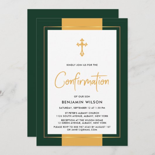金ゴールドエレガントと緑の確認 招待状 (正面/裏面)