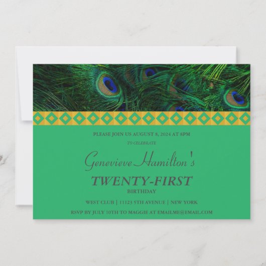 金ゴールドエレガントと羽の誕生日招待状 招待状 (正面)