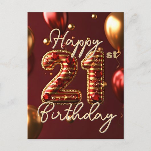 金ゴールドエレガントと赤ストライプの21歳の誕生日 ポストカード (正面)
