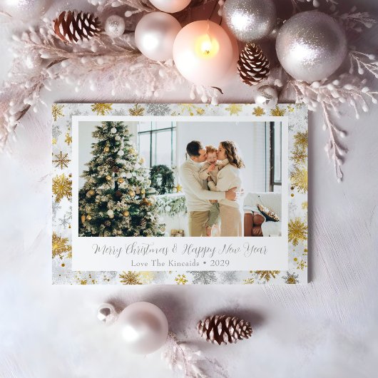 金ゴールドエレガントと銀のスノーフレークのクリスマスフォト シーズンカード
