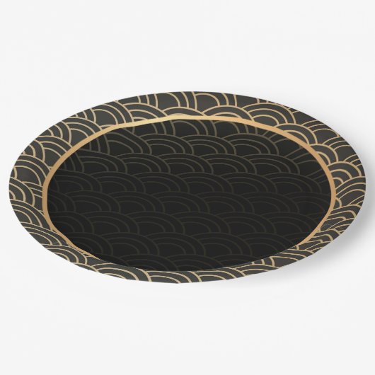 金ゴールドエレガントと黒の模様 ペーパープレート (アングル)