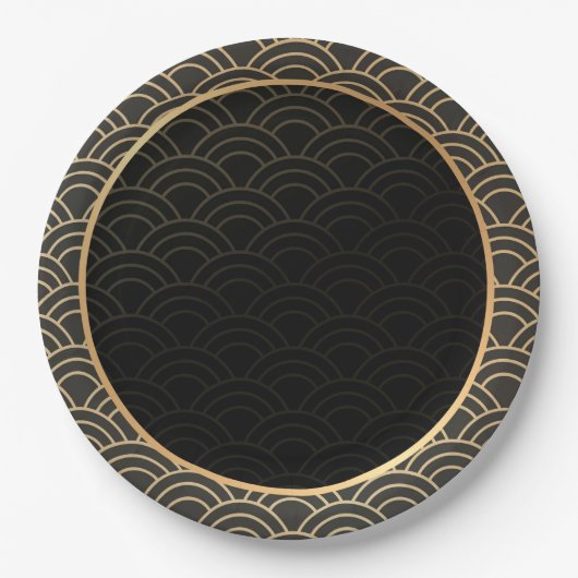 金ゴールドエレガントと黒の模様 ペーパープレート (正面)
