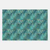 金ゴールドエレガントのターコイズ背景の旋回パターン ラッピングペーパーシート (正面)
