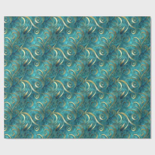 金ゴールドエレガントのターコイズ背景の旋回パターン ラッピングペーパー (フラット)