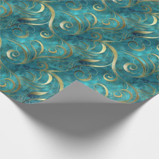 金ゴールドエレガントのターコイズ背景の旋回パターン ラッピングペーパー (角)