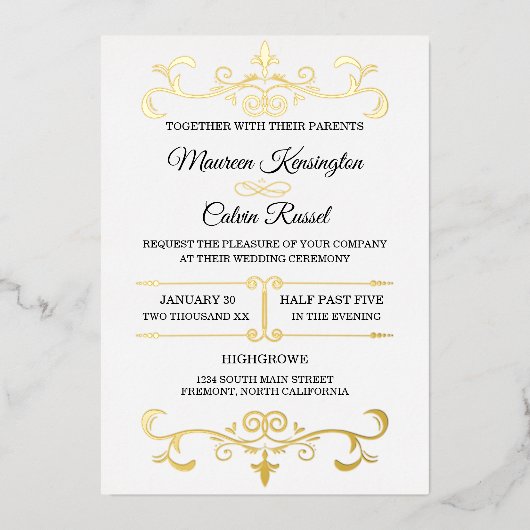 金ゴールドエレガントのフィリ結婚グリー 箔招待状 (正面)